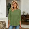 Women 34 Sleeve Crew Neck Button Solid T Shirt Top Comfortable Loose Fit Soft Fabric Casual Style Blouse for Daily Wear