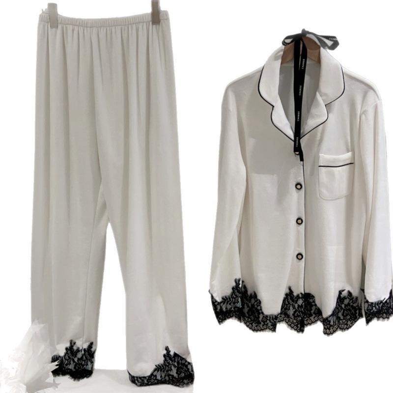 Dámské pyžamo z mořské bavlny v korejském stylu: Podzimní/Zimní Fleecový Domácí Oděv s Krajkovým Lemováním