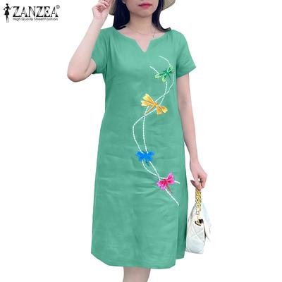 Damen Lässig V-Ausschnitt Kurzarm Locker Sommer Stickerei Kleid