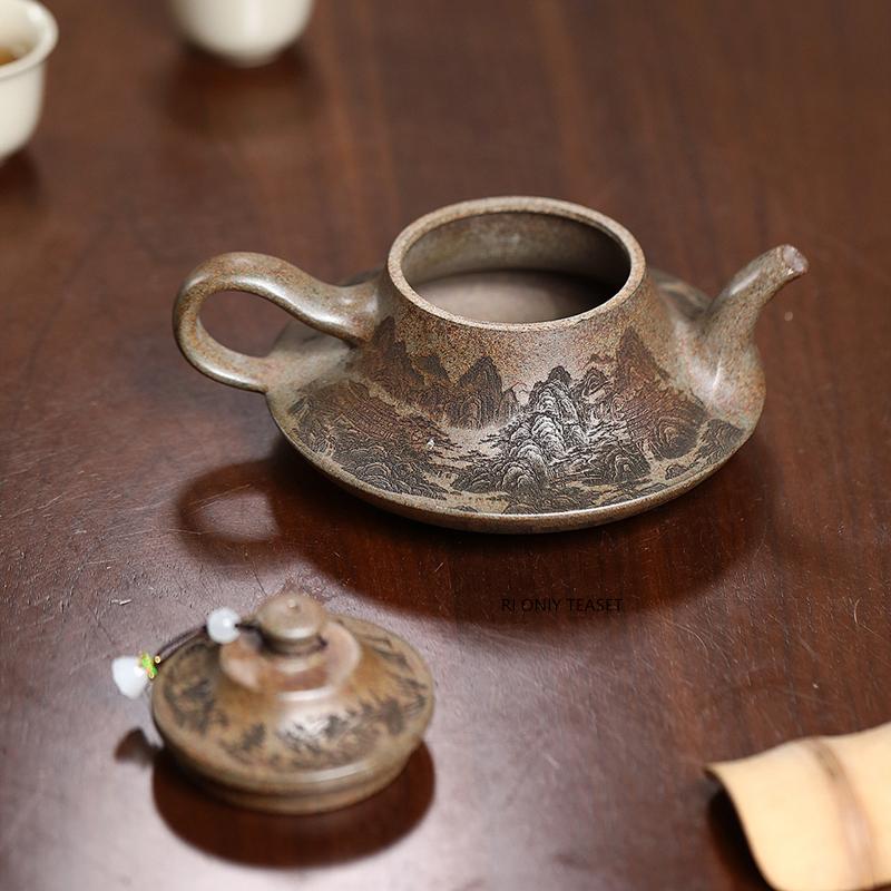 300ml Yixing Purple Clay Teapots Hand-carved Landscape Tea Pot Famous Handmade Zisha Kettle Tea Set Chinese Teaware Gifts