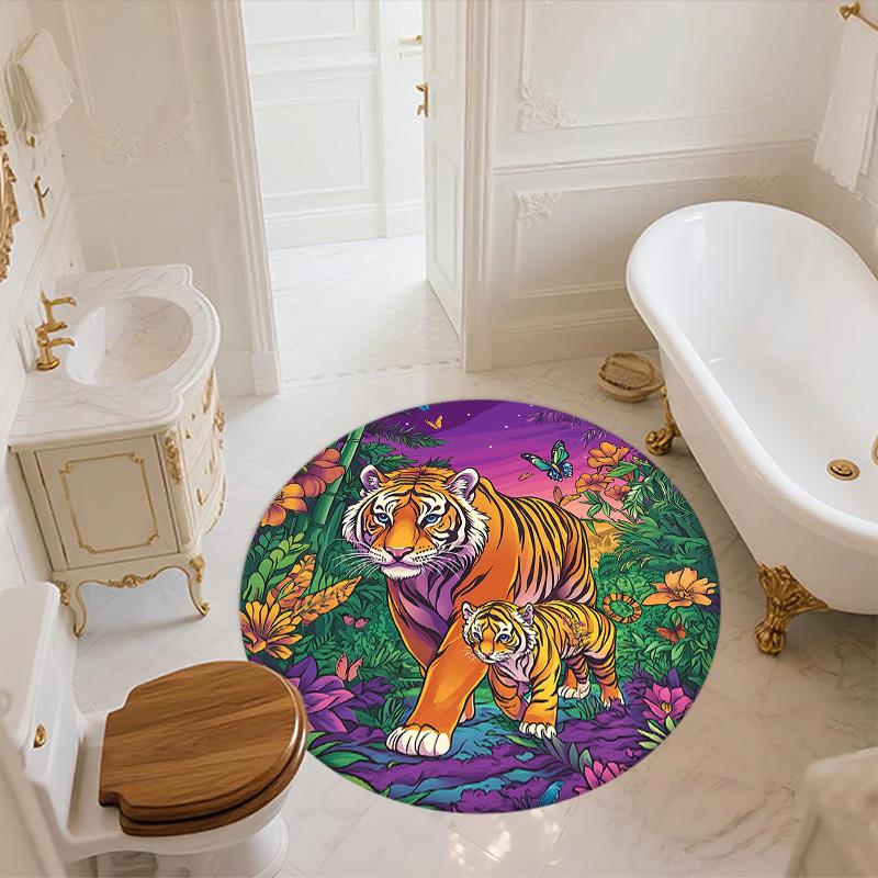 Bamboo Forest Tiger,Round Area Rug,Carpet Rug for Living Room Bedroom Sofa Playroom Decor,Non-slip Floor Mat