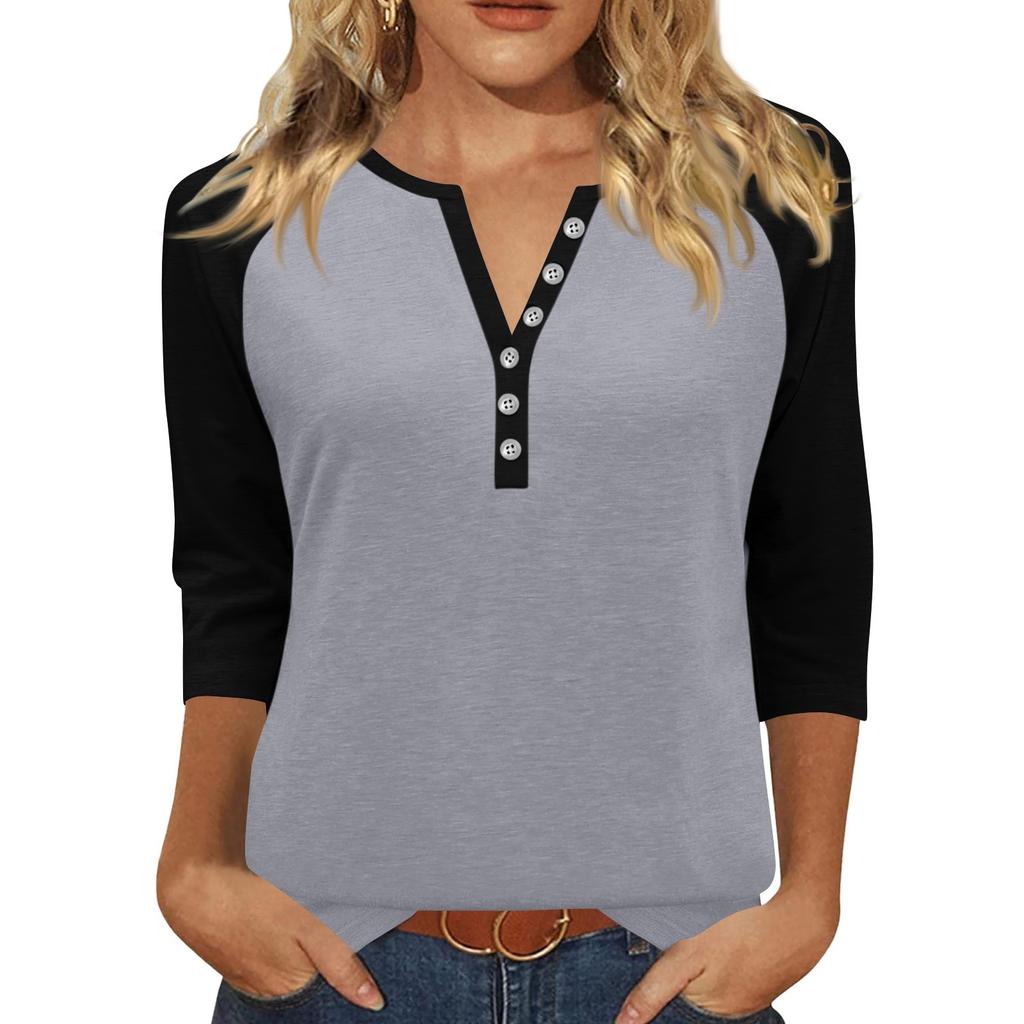 Women's T Shirt Print Button 3/4 Sleeve Daily Weekend Fashion Basic V- Neck Regular Top