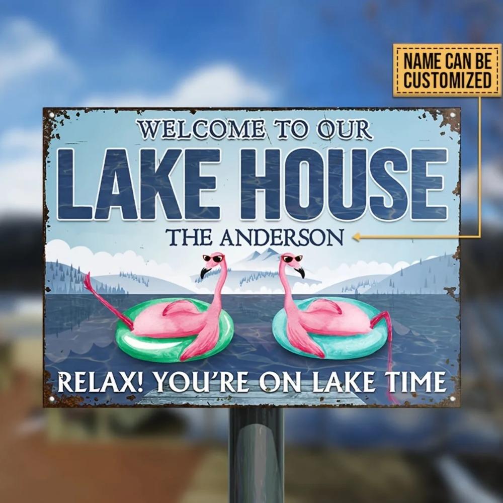 Customizable Flamingo Lake House Metal Sign Yard Welcome Home Decor