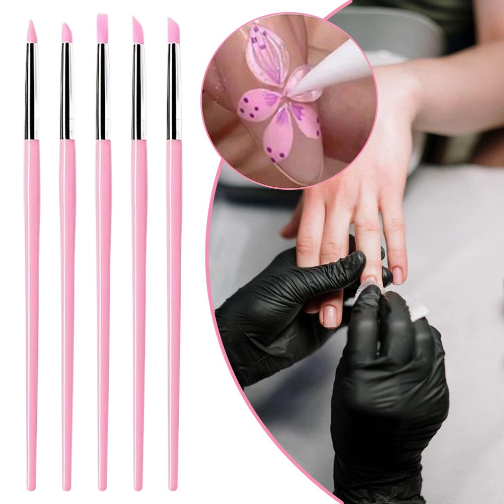 5 Pezzi Pennello per Unghie in Silicone Intaglio Goffratura Vuoto Modellante Gel Rosa Nail Art Scultura Penna Pennelli da Disegno
