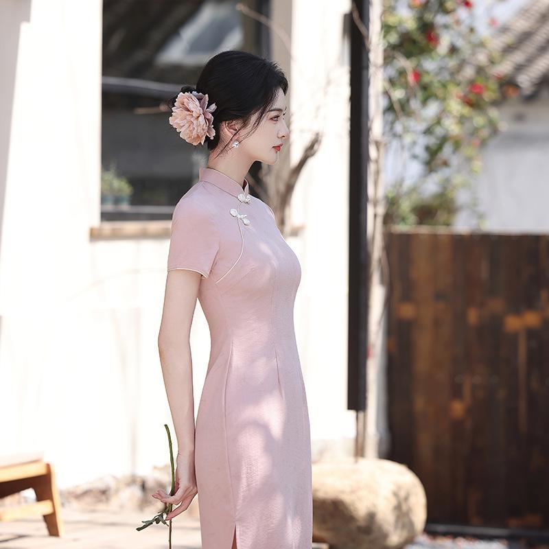 1011 spring and summer new cheongsam new Chinese style stand-up collar pink cheongsam engagement return dress slim women cheongsam
