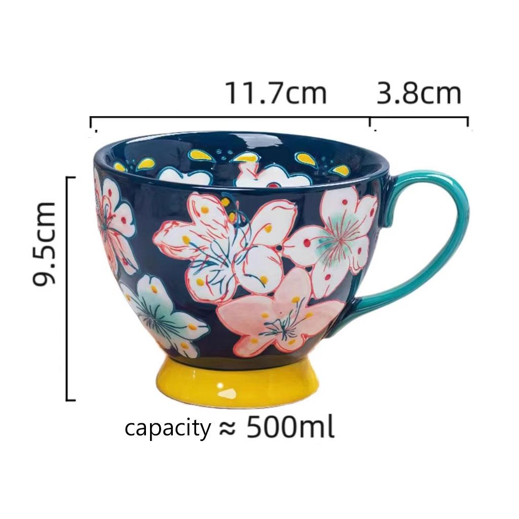 500ml Hand-Painted Ceramic Breakfast Mug – Colorful Glaze Flora lLarge Cup with Wide Mouth – Microwave & Dishwasher Safe