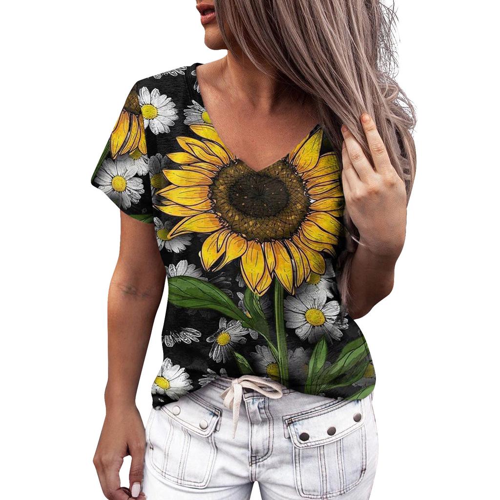 Summer Women Floral Print V Neck Short Sleeve Loose 3D T Shirt