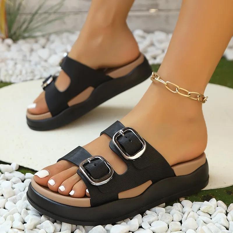 Fashion 2025 Summer Classic Women's Sandals British Style Roman Shoes Soft Leather Slippers Metal Buckle Platform Slippers Women's Shoes