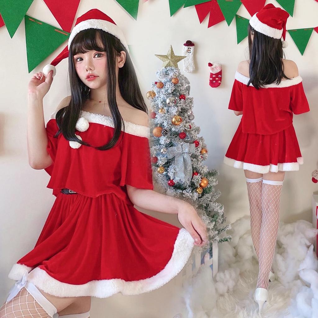 [Milky Time] Christmas Cosplay Santa Miniskirt Short Sleeve Off-the-Shoulder Santa Outfit Set