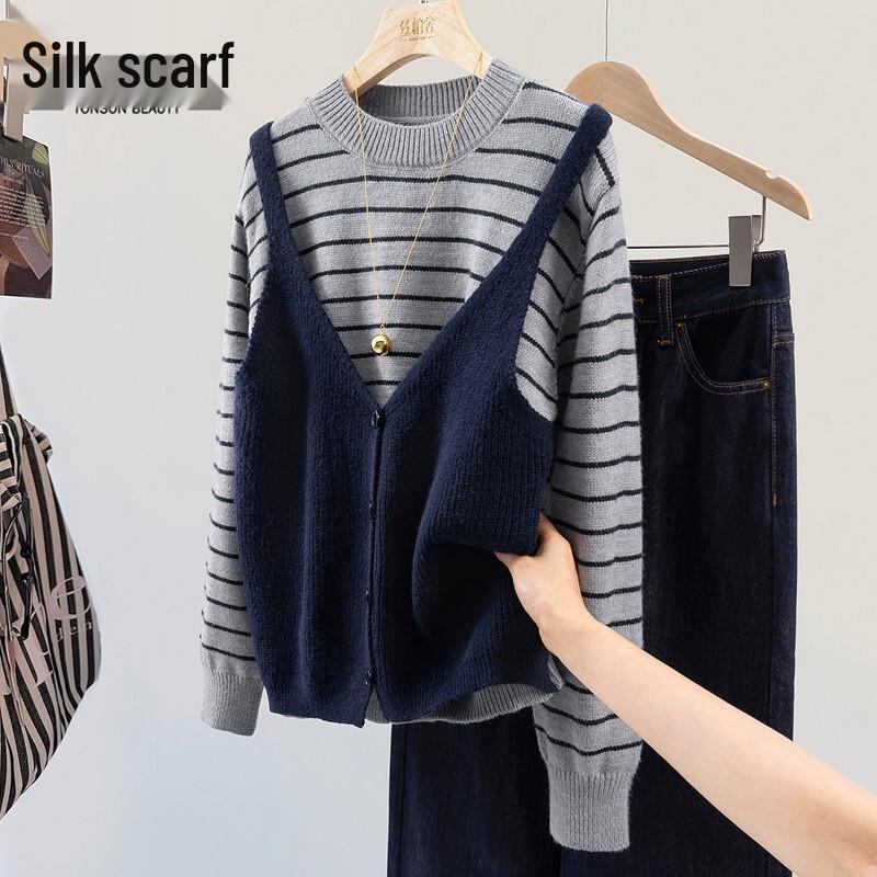 Women s Contrast Stripe Layered Look Knit Top One Size