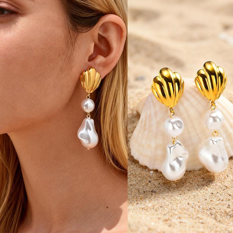 Baroque Pearl Dangle Earrings, French Vintage Statement Drop Earrings Stainless Steel for Women Wedding Party Jewelry