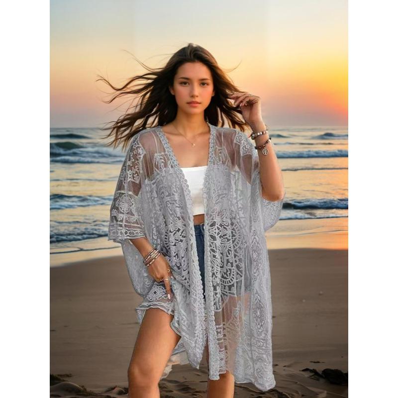

Плюс Размер Женский Сексуальный Прозрачный Кружевной Вышитый Кардиган Пляжный Бикини Солнцезащитный Халатик One size серый