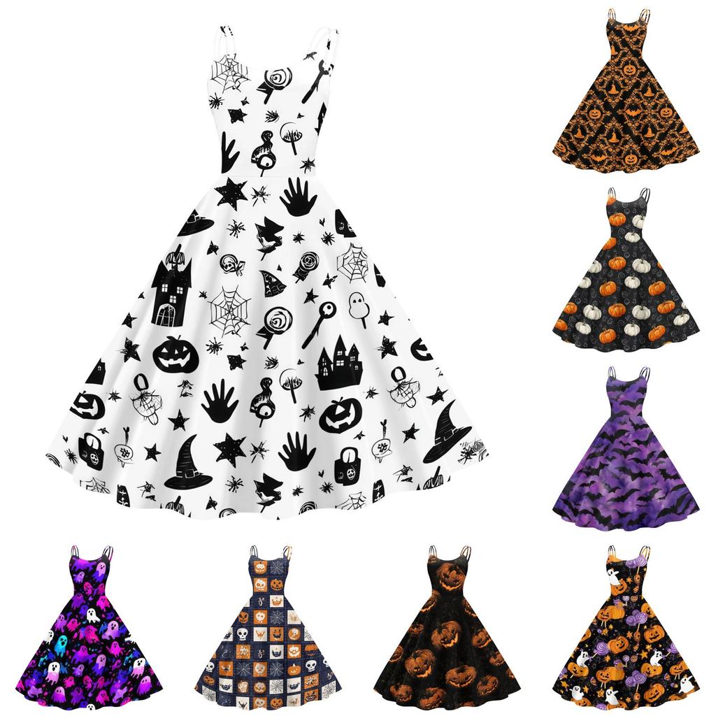 Women's Halloween Pumpkin Print Off Shoulder Dress Vintage Punk Style Flared Skirt Sleeveless Spaghetti Strap Dress