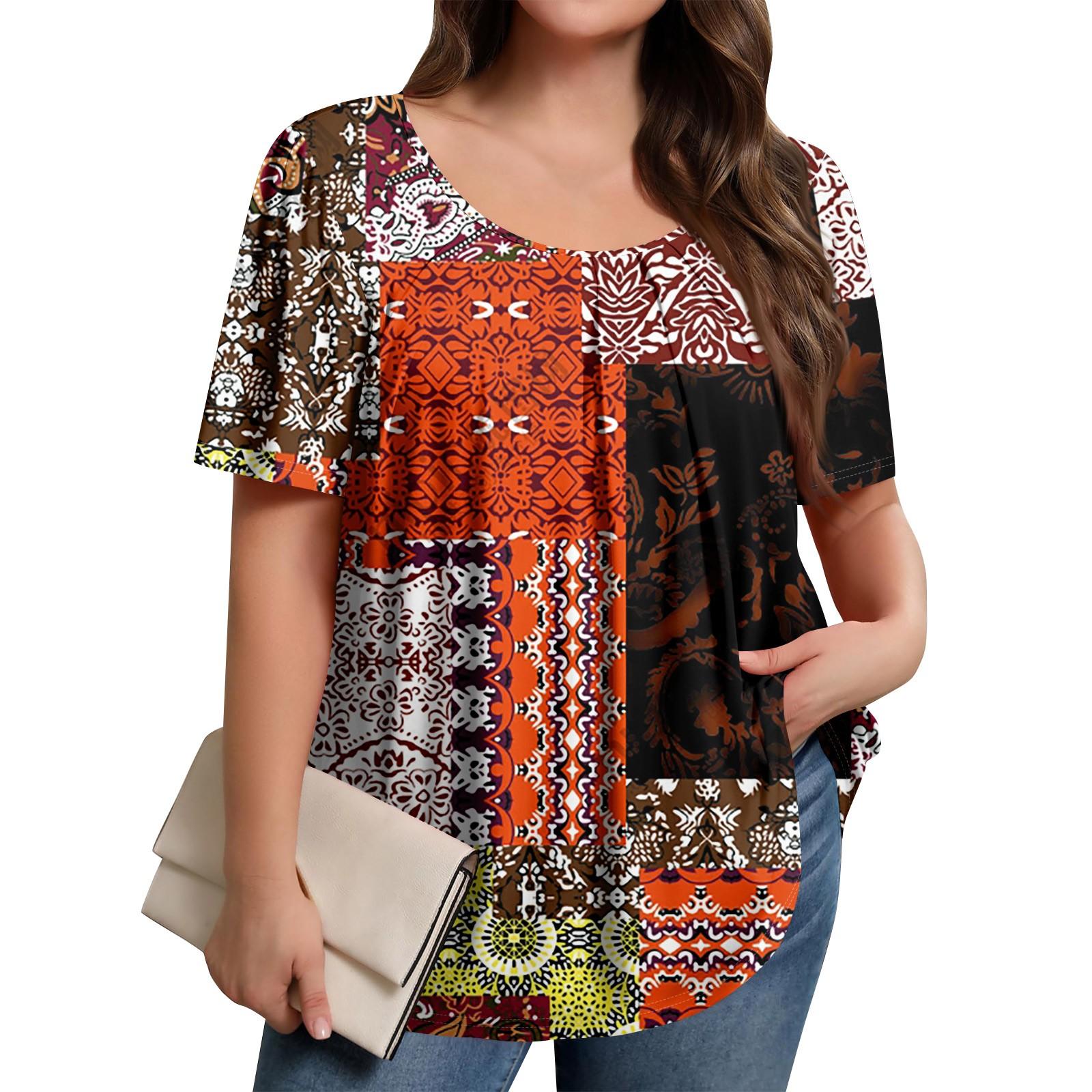 

Плюс Размер Женский Повседневный Круглый Вырез Плиссированный Короткий Рукав Однотонный Топ XXXXXL