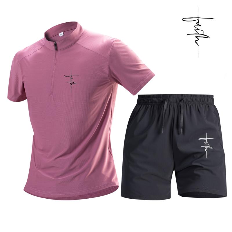 Summer Men Sports POLO Suit Short Sleeve  Half-Zip Fitness Basketball Running Fashion Suit Printed Men s Tracksuit S