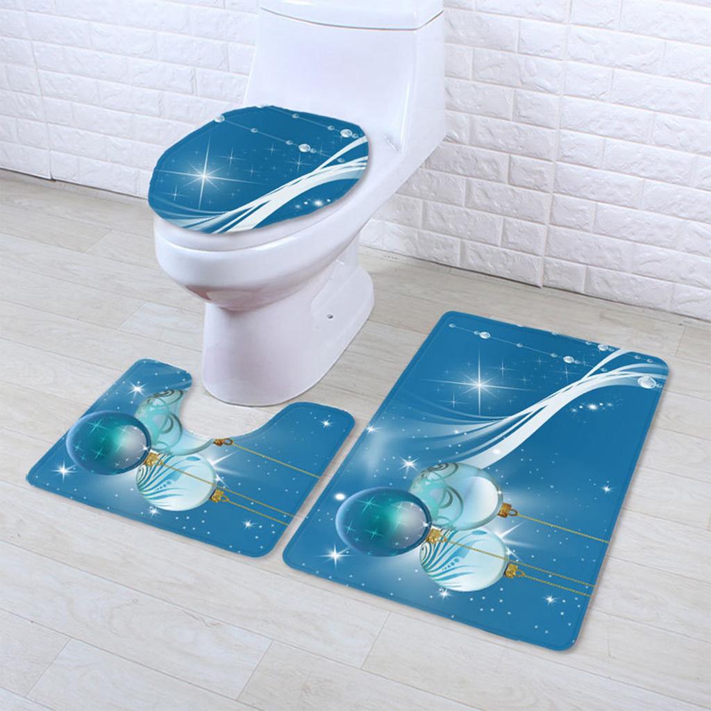 3Pcs Christmas Bathroom Pedestal Rug Lid Toilet Cover Bath Mat Shower Bathroom Non- Pedestal Rug