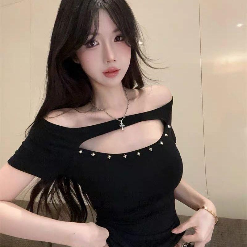 Korean Hollow Shoulder Short Sleeve T-Shirt Women's Summer Pure Desire Spice Girl Off Shoulder Spice Girl Slim-fit Short Top