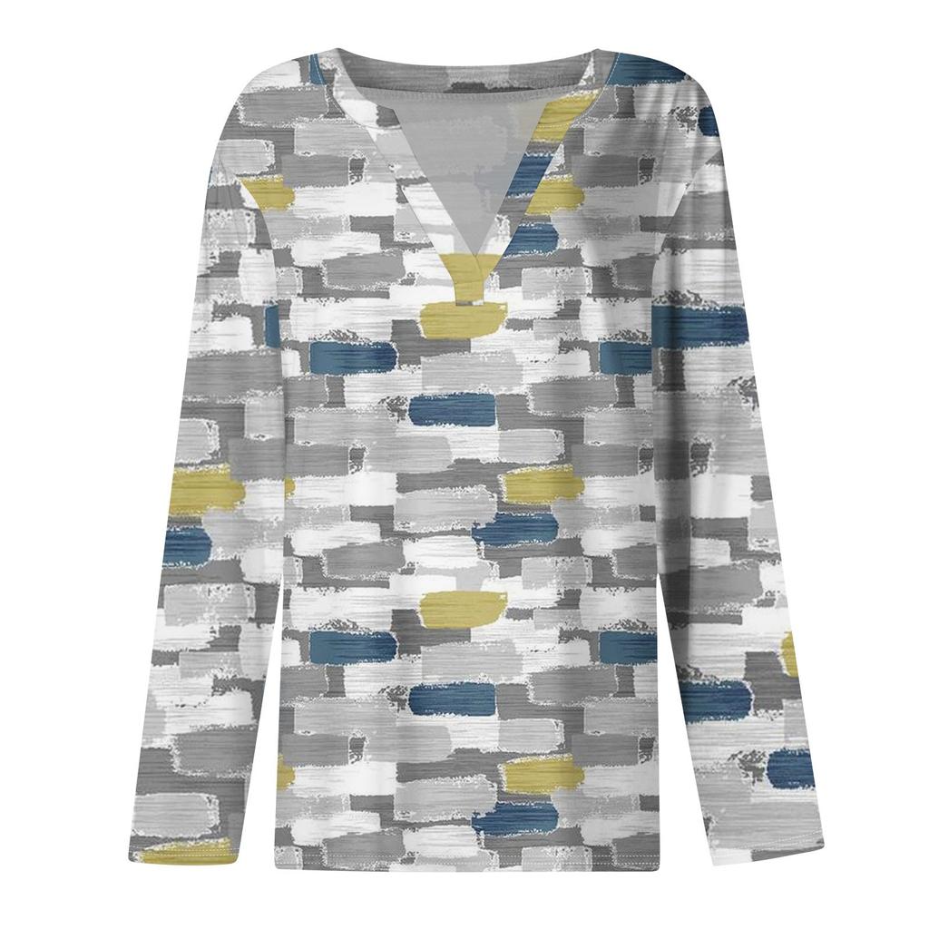 Women's Fashion Casual T-Shirt V-Neck Long Sleeve Geometric Patchwork Printed Top