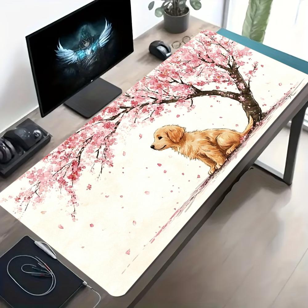 Cherry Blossom Puppy Extended Gaming Mouse Pad NonSlip Desk Surface Sakura Golden Retriever Art Print For Gaming And Office