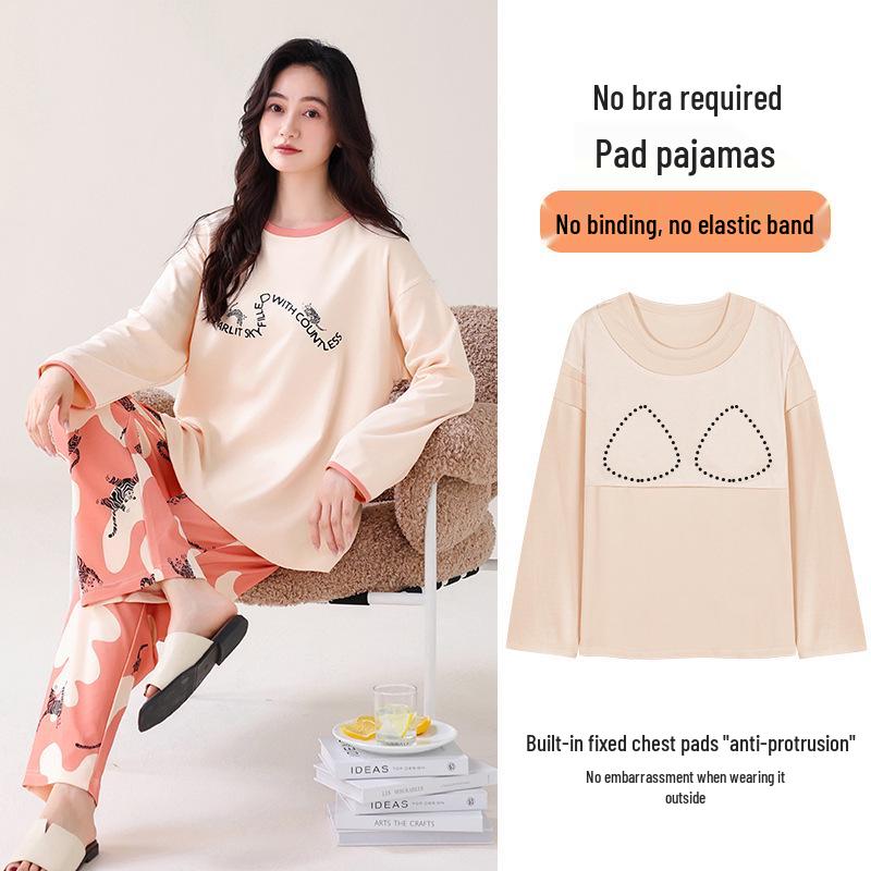 Women's Double-Sided Cotton Pajama Set with Chest Pads - Round Neck, Long Sleeve, Long Pants Pullover Style