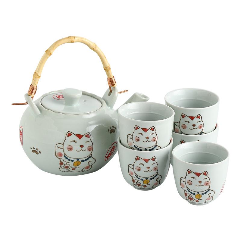 Japanese ceramic hand-painted teapot with handle, tea pot with underglaze color, ceramic tea set with pufferfish pattern