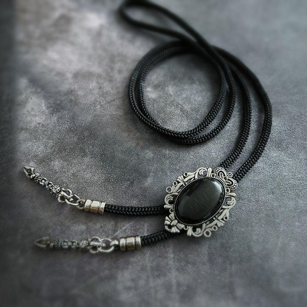 Men Vintage Bolo Tie Western Cowboy Antique Stone Feathered Pendant Shirt Collar Jewelry Braided Rope Necktie Neckwear