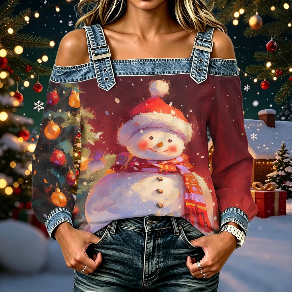 Women's Casual Off-Shoulder Long Sleeve Christmas Print Top for Holiday Parties