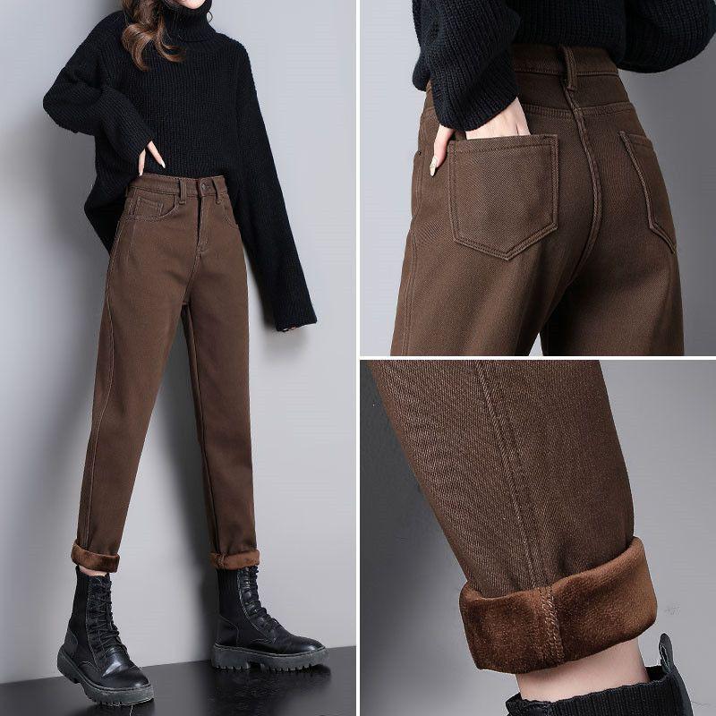 Women's Thickened Velvet Straight-Leg Jeans, Coffee Brown - Autumn/Winter 2025 Collection