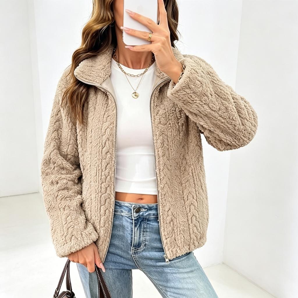 Women's Fuzzy Zip-Up Cardigan Jacket for Fall and Winter