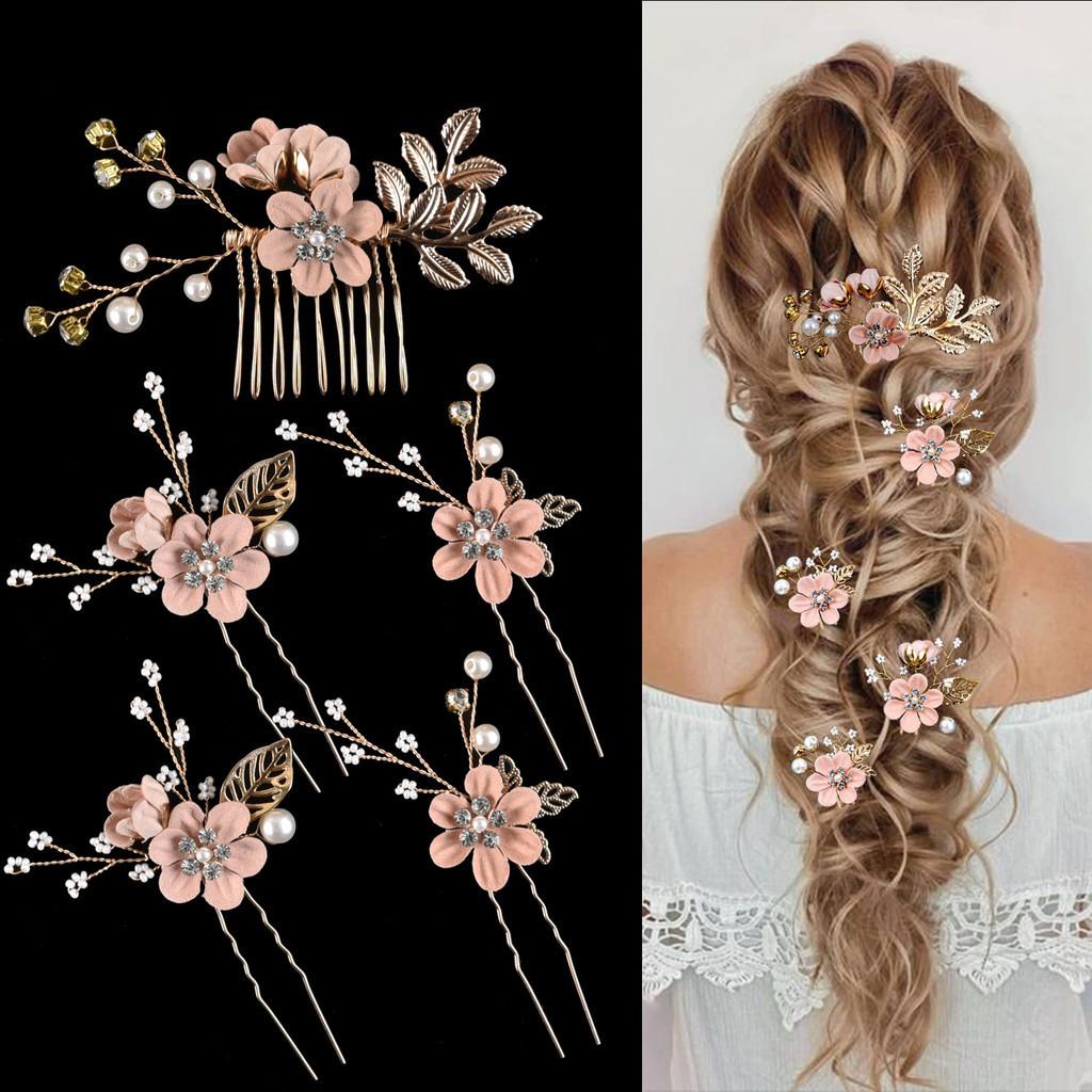 Headpiece Golden Wedding Hair Accessories Bridal Flower Wedding Hair Pins 5 PCS Pearl Hair Clips Jewelry with Rhinestone for Brides Bridesmaids Women