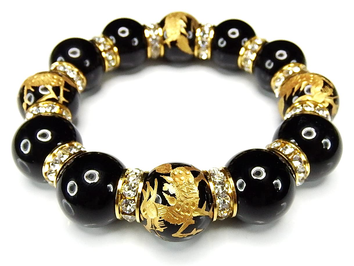 

[Sekimachi] Lucky Samurai Kirin Hand-Carved 18mm Onyx and Gold Leaf Luxury Rondelle Bracelet with Natural Stones and Prayer Beads