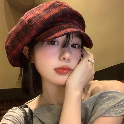 Autumn And Winter Retro Red Plaid Cloud Beret Children Versatile Casual Face Little Cap Painter Hat