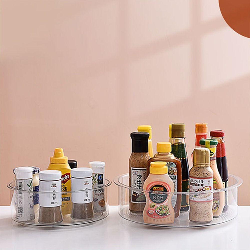 D2 New 360° Rotating Transparent Tray Shelf Desktop Spice Storage Box Base Storage Bin Home Kitchen Makeup Organizer Accessories