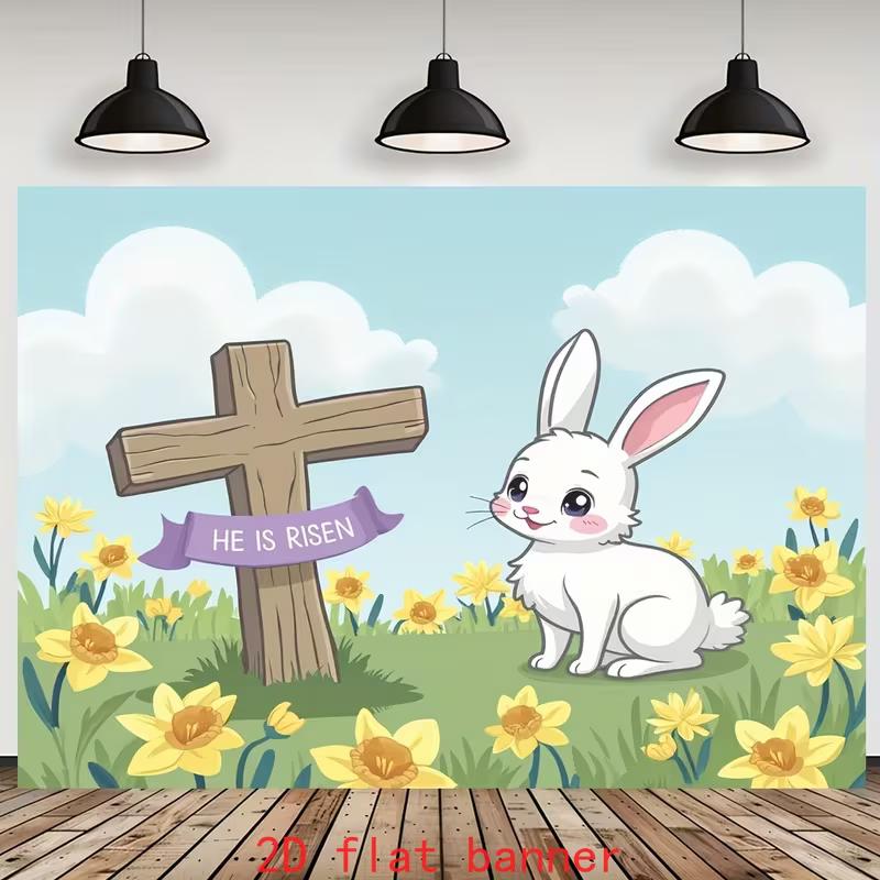 2D Religious Easter Cartoon Bunny Backdrop with Cross and Daffodils for Photoshoot