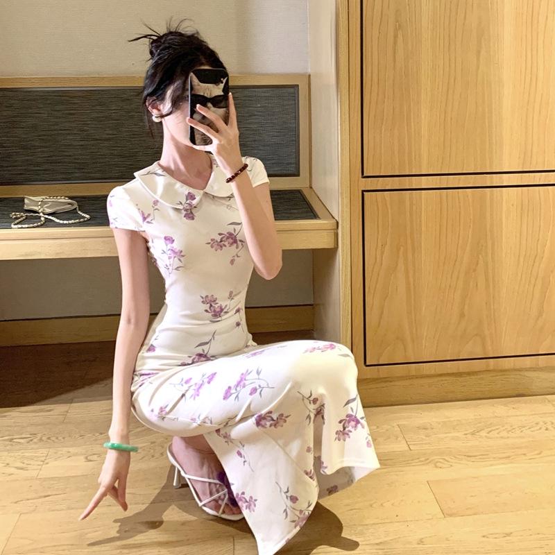 

Summer Retro Chinese Style Doll Collar Qipao Dress with Fresh Print S [for 40-47 kg]