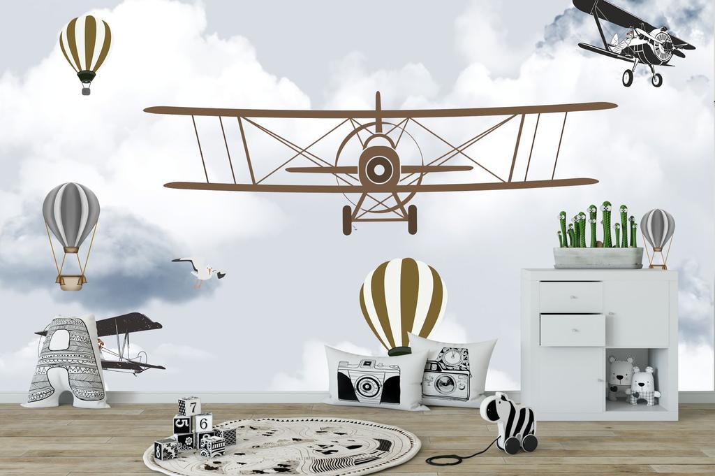 Children's photo wallpaper biplane and balloons over the mountains DWK272 200x135