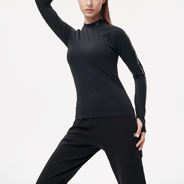Fila Athletics Side Stripe Half High Neck Printed Sports Casual Tight Knit Long Sleeve Raglan T-Shirt Women Tops Deep-Black A11W141201F-BK
