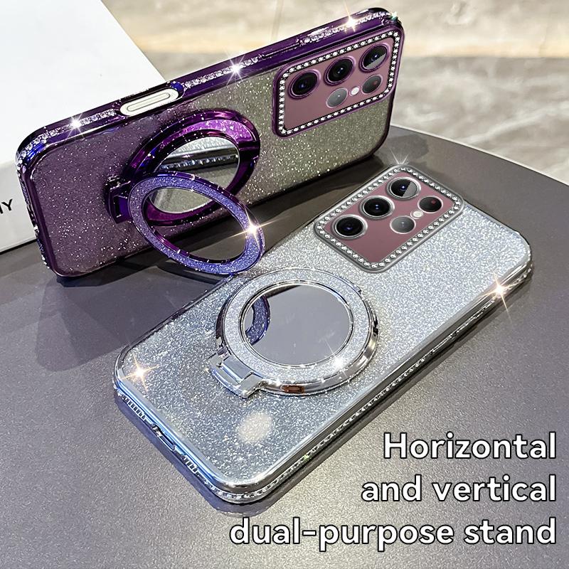 KEYSION Glitter Jewelled Magnetic Phone Case for Samsung Galaxy S22 Ultra S21+ Plus S20 FE Makeup Mirror Stand Shockproof Cover