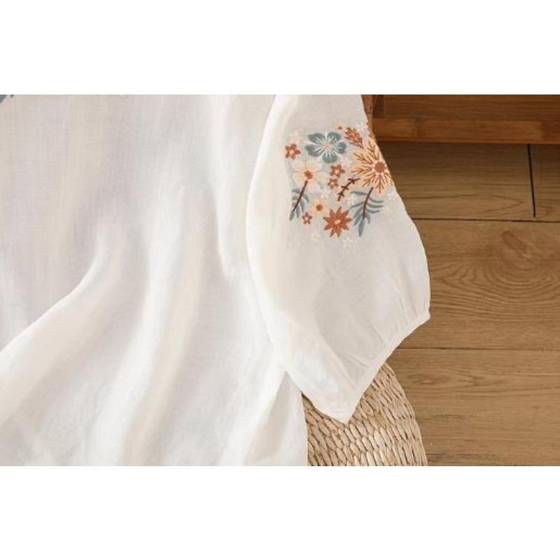 Ladies Shirt Spring Summer Round Neck Embroidered Women's Blouse Elegant Linen Lady Loose