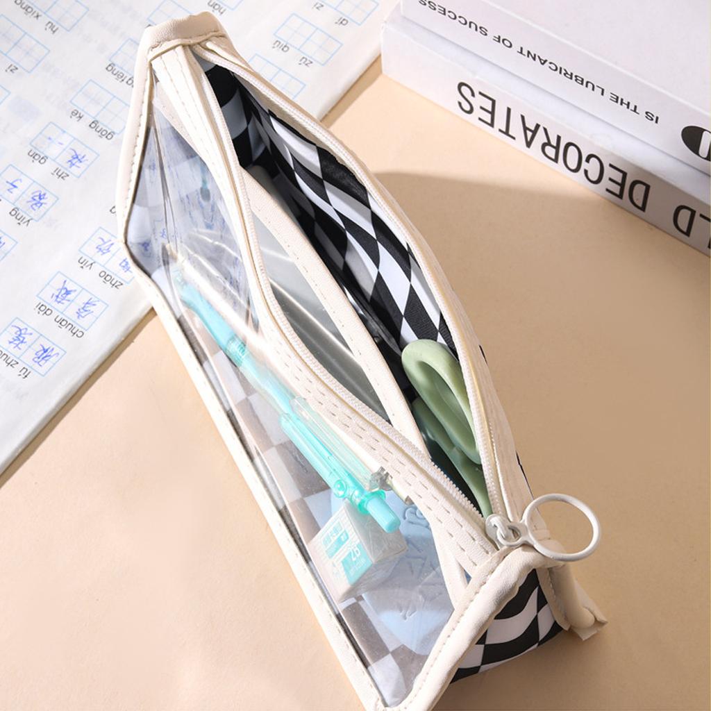 Checkerboard Kawaii Pencil Case Bags Large Capacity Transparent Pen Pouch Korean Stationery School Office Supplies for Student