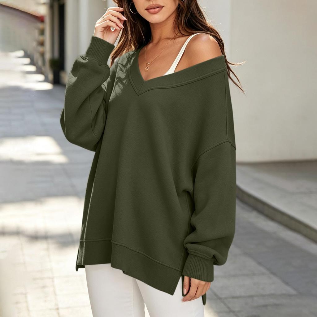 Damen Casual V-Ausschnitt Langarm Farbiger Lockerer Schnitt Sweatshirt mit Seitenschlitz