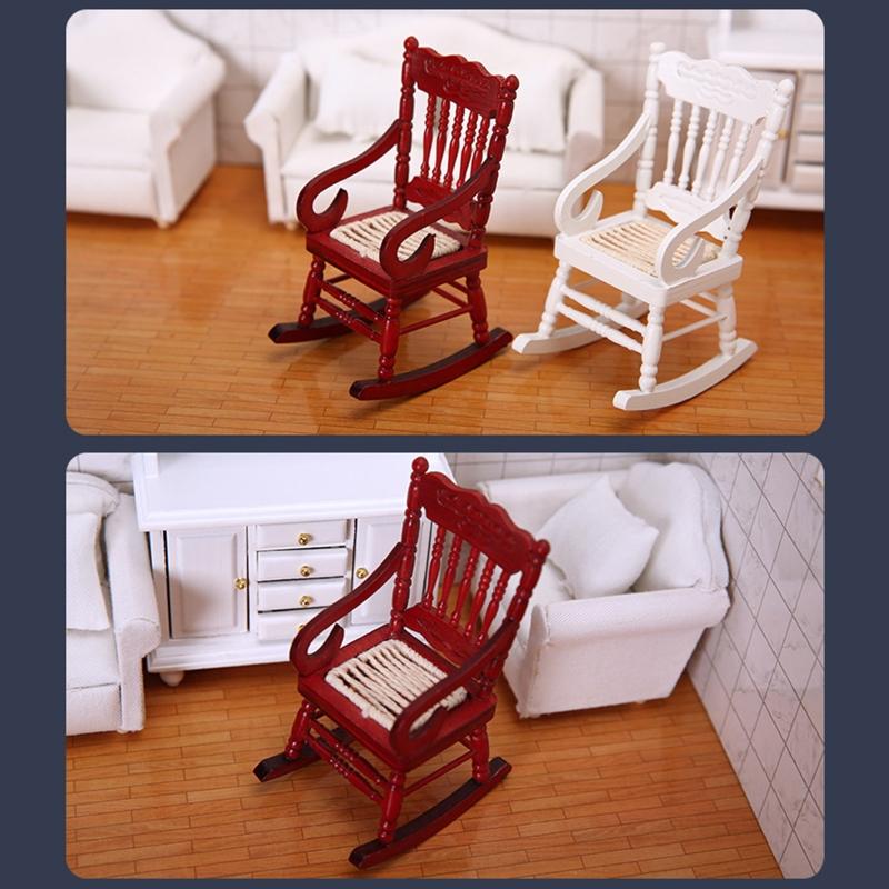 1/12 Toy Model Rocking Chair Pretend for Play Toy Mini Wooden Chair White/Red Role for Play Accessory DIY for Doll House