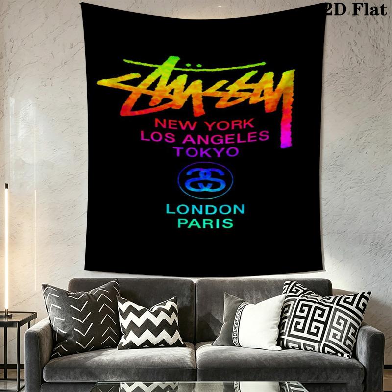 City List Text Tapestry, Black Background Street Brand Logo No.4 Wall Hanging Decor