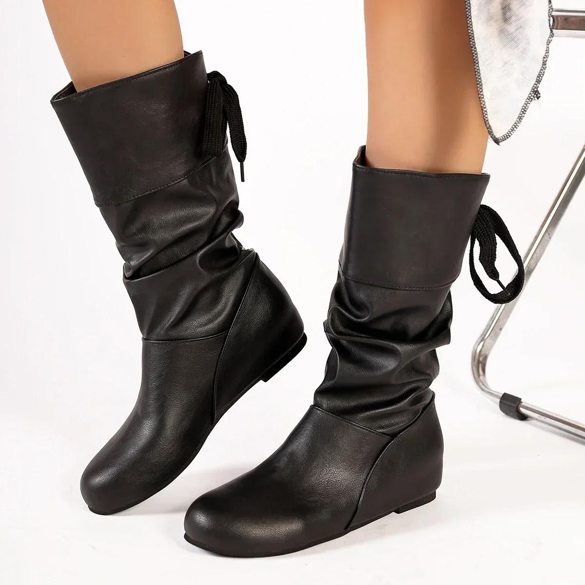 

Распродажа женской обуви 2024 года, зимние высококачественные новые женские ботинки на шнуровке, круглые плиссированные однотонные ботинки до середины голени Zapatos De Mujer 35