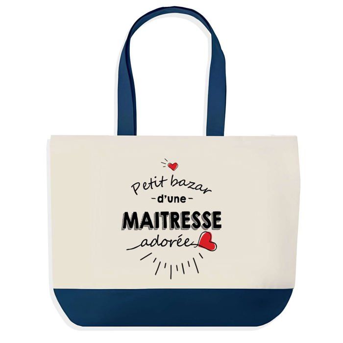 Sac shopping - PLANETEE - Sac shopping fond bleu Bazar d'une Maitresse adorée - Coton 40x45 cm - Grand format - Fabriqué en France