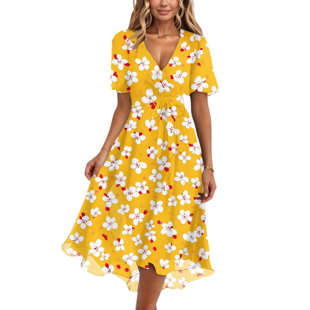 Women's Fashion Casual V Neck Short Sleeve Ruffled Vintage Printed Dresses