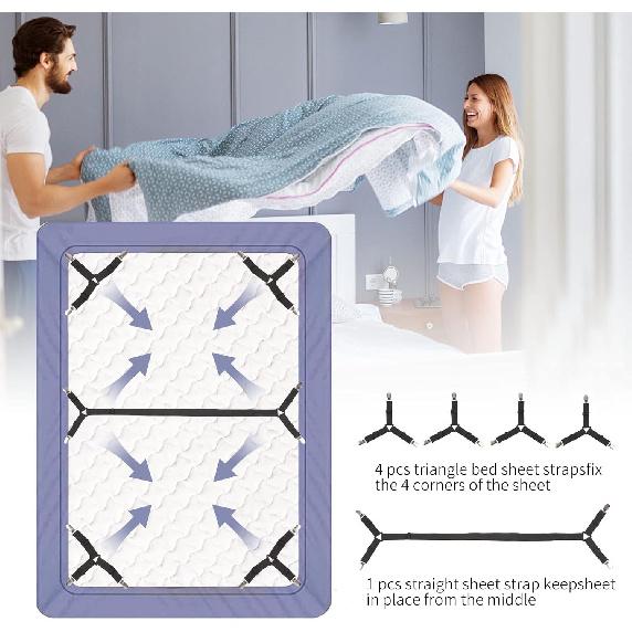 Luyena Bed Sheet Straps,4+1 Pcs Fitted Sheet Clips Holder,Upgraded Triangular Sheet Clip for Corner, Elastic Adjustable Sheet Strap for Mattress