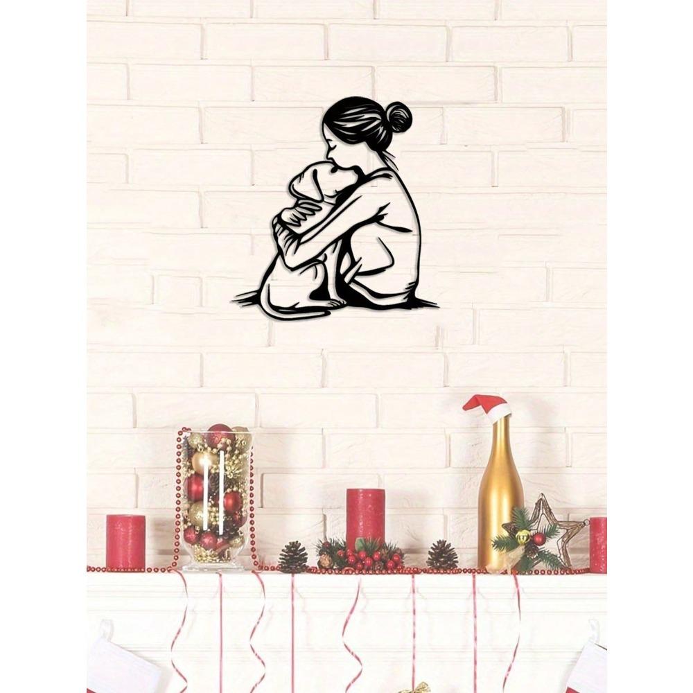 Art Deco Frau Hund Wandkunst, Metalllinien-Skulptur, Moderne Wohnkultur, Einzigartiges Haustierliebhaber-Geschenk, Metall-Wanddekor für das Wohnzimmer