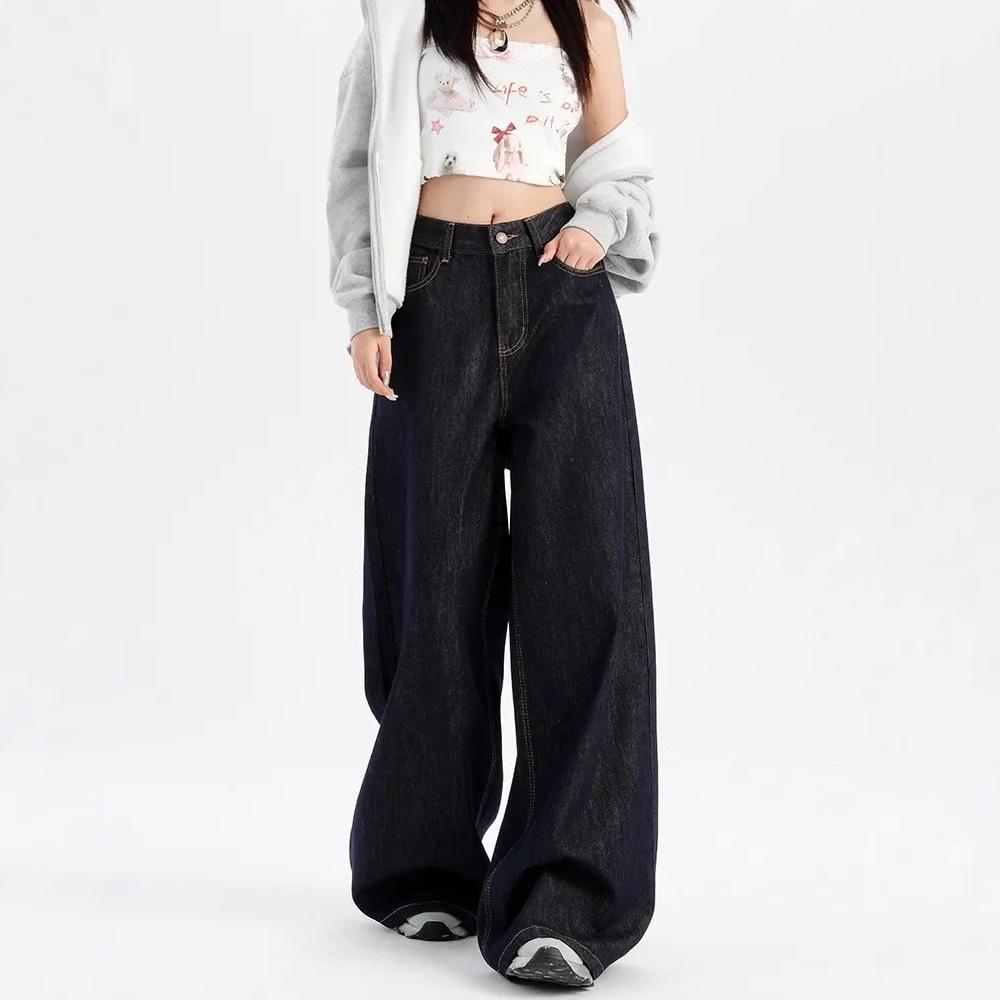 Women's Dark Blue High-Waisted Wide-Leg Jeans - Retro Floor-Length Petite Pants for Spring and Autumn