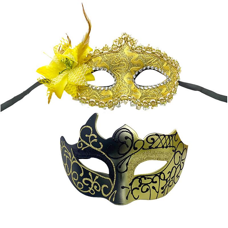 Halloween Floral Masquerade Masks: Gold Powder Painted Half-Face Party Masks for Couples
